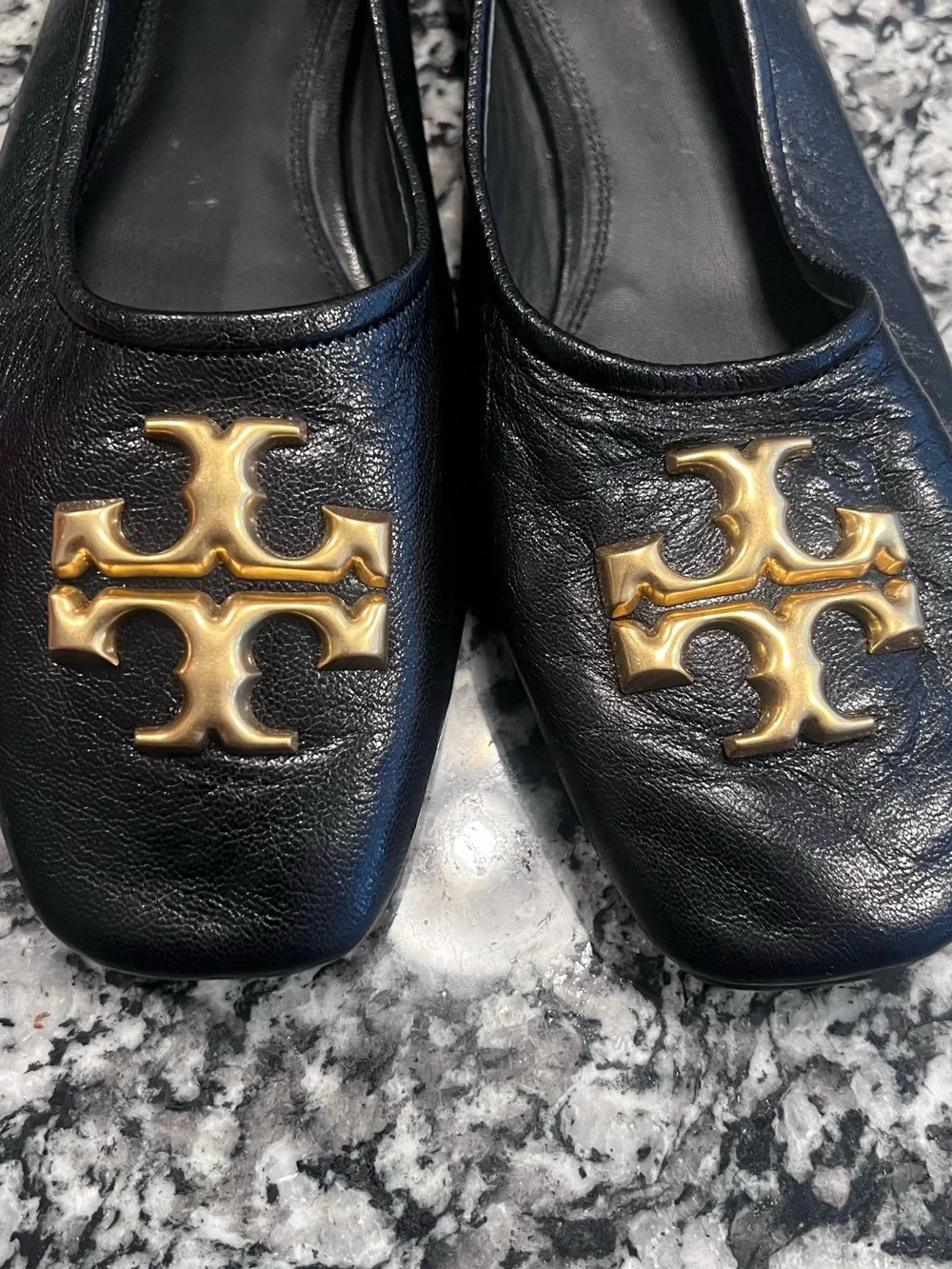 Tory Burch Black Leather Flats with Gold Logo Emblem